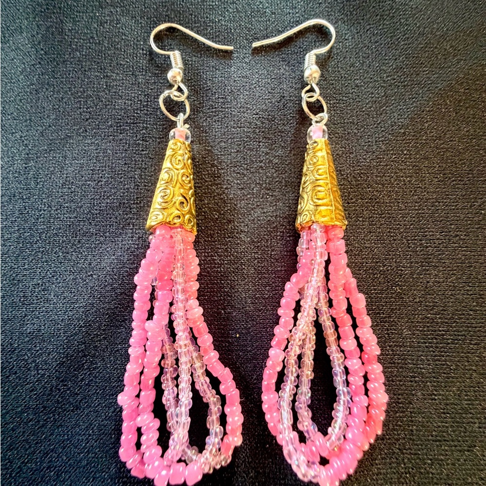 Gold-Accented Pink Beaded Tassel Earrings